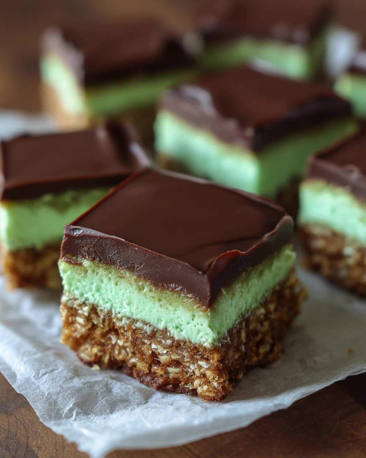 A square piece of No-Bake Chocolate Mint Icebox Bars showing the oat base, mint layer, and chocolate topping.