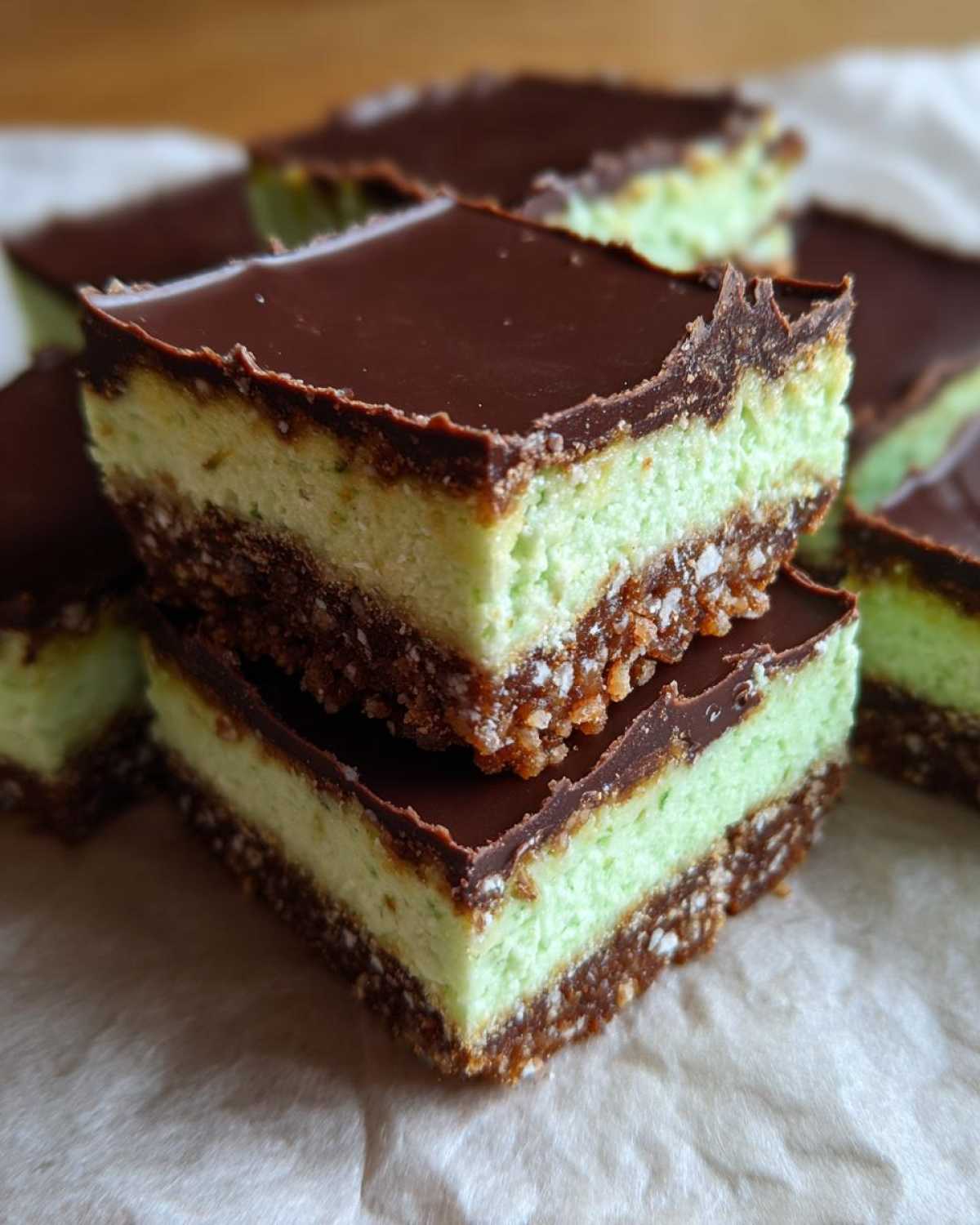 Two stacked squares of No-Bake Chocolate Mint Icebox Bars showing a dark chocolate top, light green mint filling, and crumbly base.
