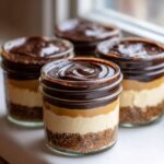 Four individual No-Bake Chocolate Peanut Butter Pie Jars layered with crust, cream, peanut butter, and chocolate ganache.