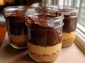 Four individual No-Bake Chocolate Peanut Butter Pie Jars layered with crust, peanut butter filling, and chocolate topping.