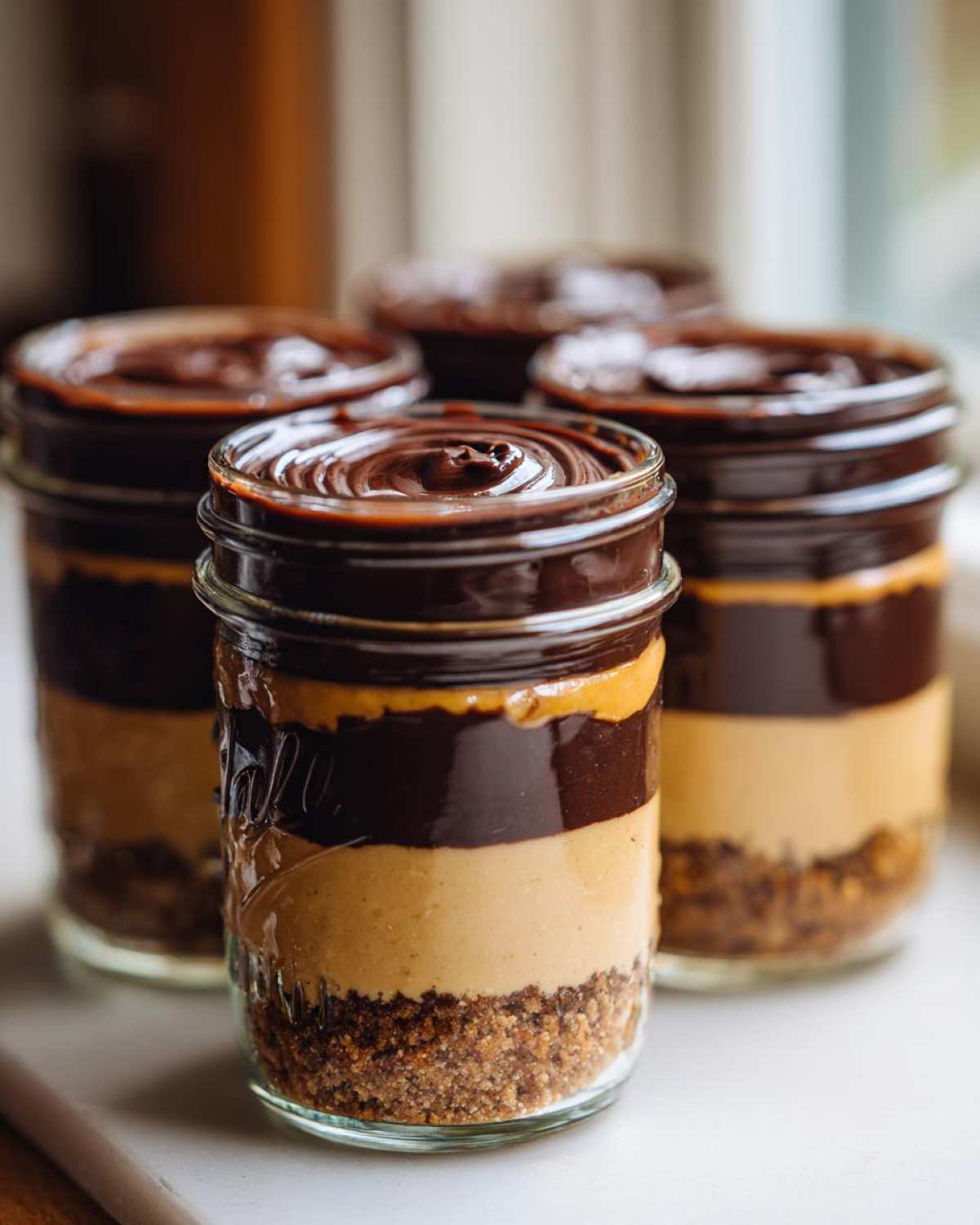 Four individual No-Bake Chocolate Peanut Butter Pie Jars showing layers of crust, peanut butter filling, chocolate ganache, and topping.
