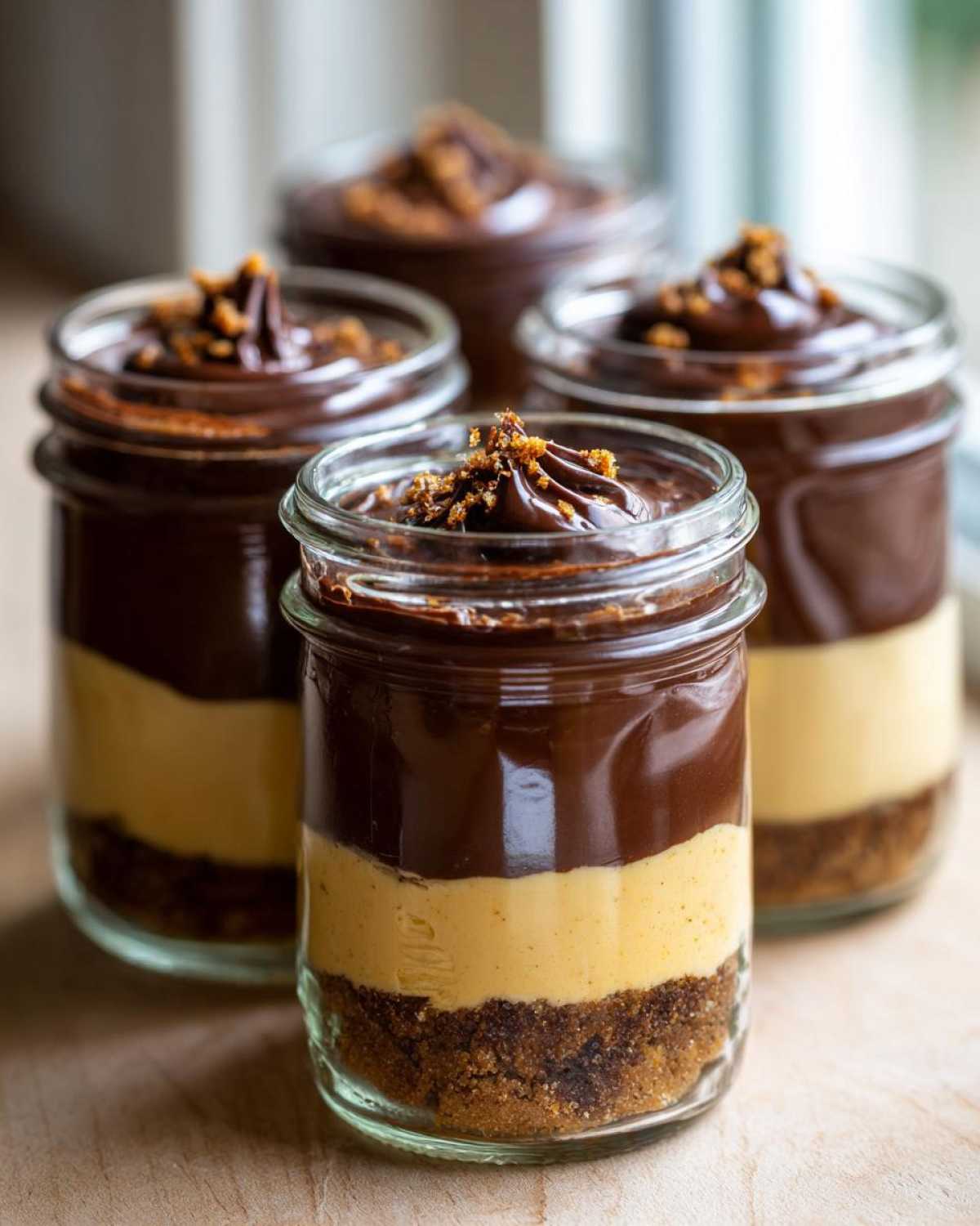 Four individual No-Bake Chocolate Peanut Butter Pie Jars featuring crust, peanut butter filling, and chocolate topping.