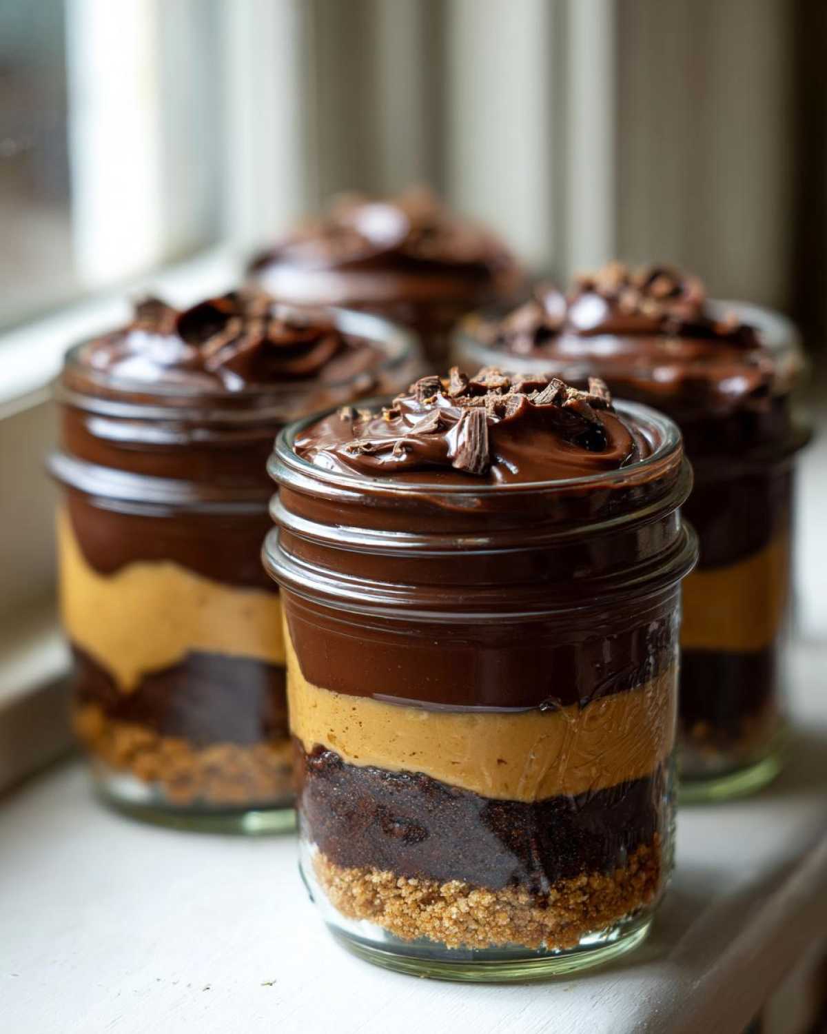 Four layered No-Bake Chocolate Peanut Butter Pie Jars featuring crust, peanut butter filling, chocolate ganache, and chocolate shavings.