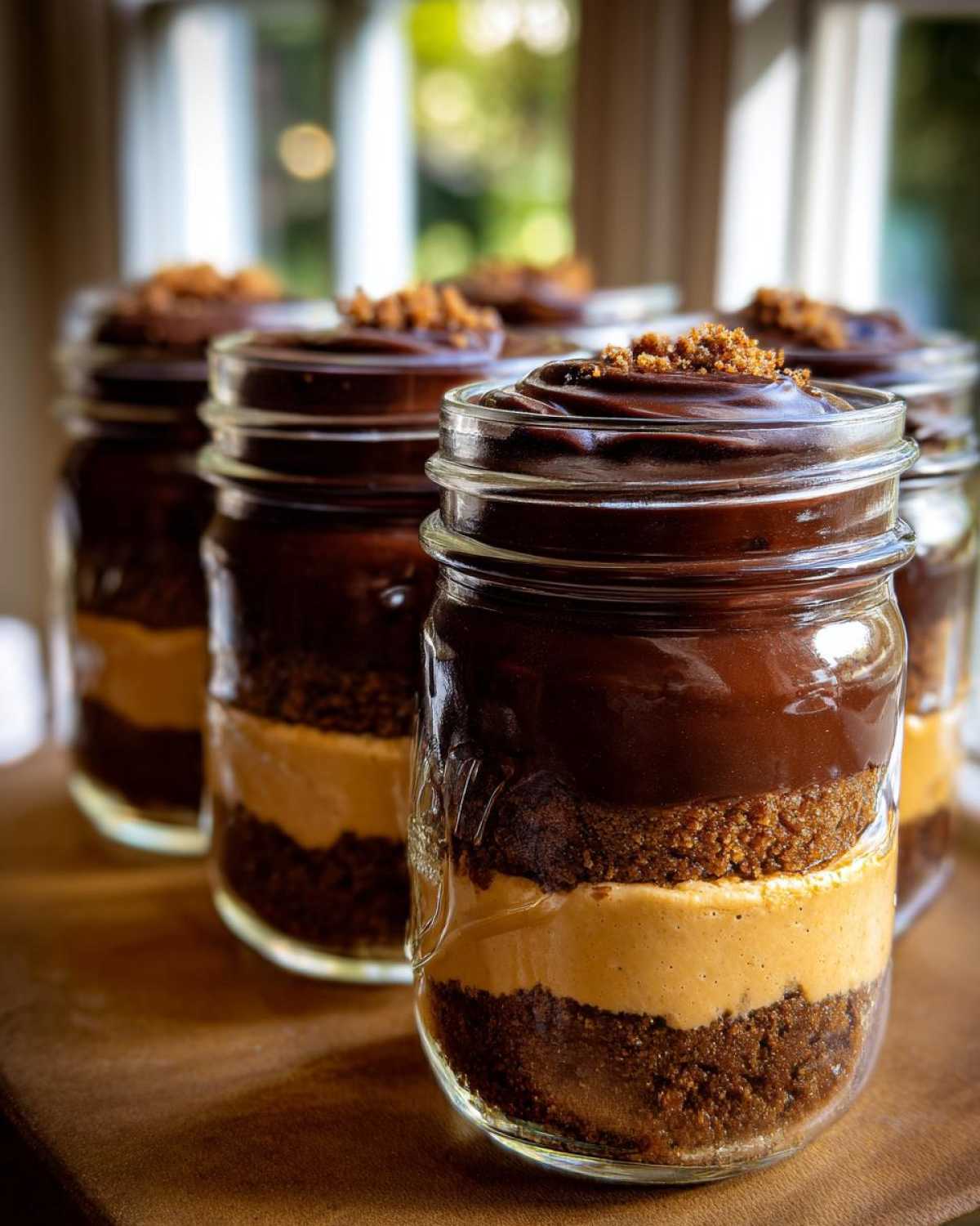 Close-up of several No-Bake Chocolate Peanut Butter Pie Jars layered with crust, peanut butter filling, and chocolate topping.