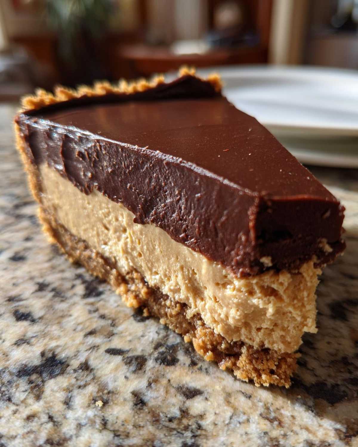 A close-up slice of no-bake chocolate peanut butter pie showing graham cracker crust, peanut butter filling, and thick chocolate topping.