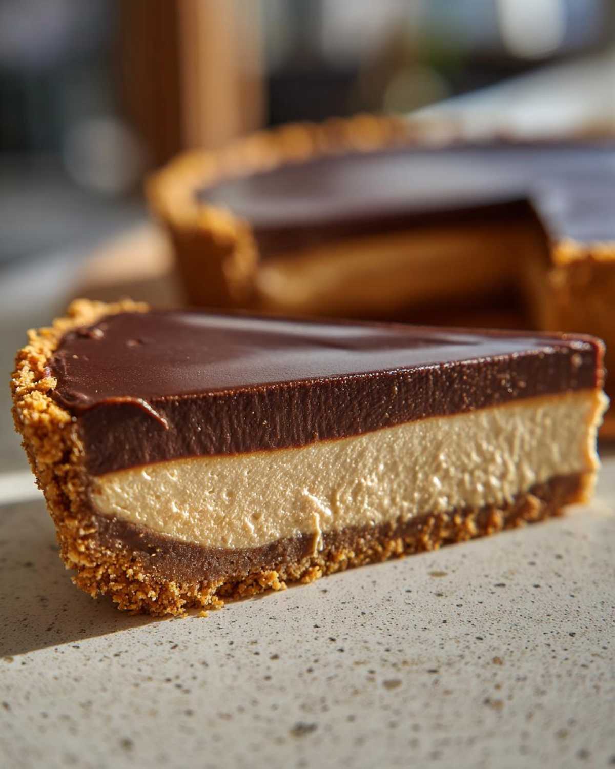 Close-up of a slice of chocolate peanut butter pie showing layers: graham cracker crust, peanut butter filling, and chocolate ganache topping.