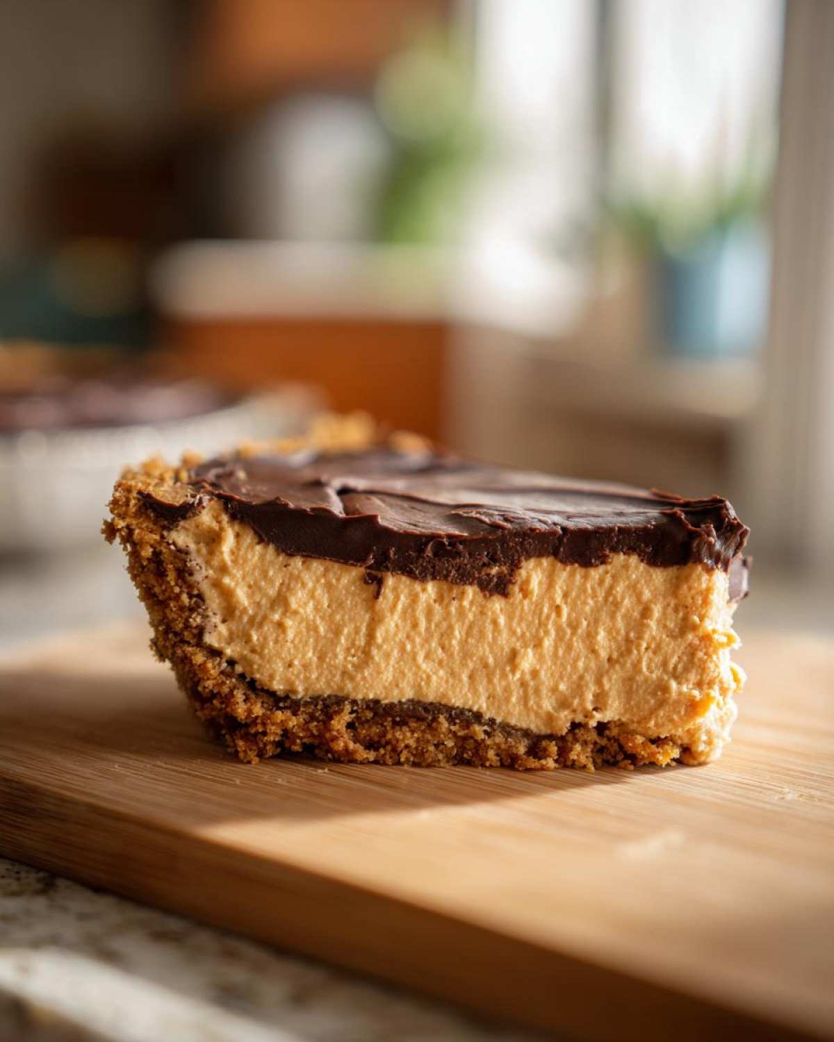 A close-up slice of no-bake chocolate peanut butter pie showing the graham cracker crust, creamy filling, and chocolate topping.