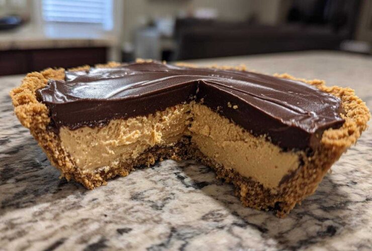 A close-up cross-section view of a no-bake chocolate peanut butter pie with a graham cracker crust, creamy filling, and chocolate topping.