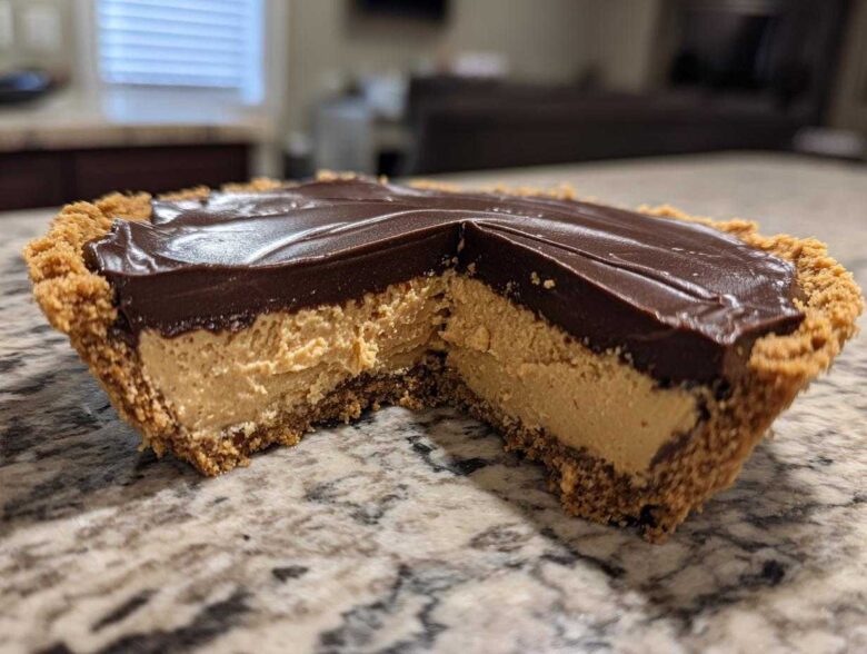 A close-up cross-section view of a no-bake chocolate peanut butter pie with a graham cracker crust, creamy filling, and chocolate topping.