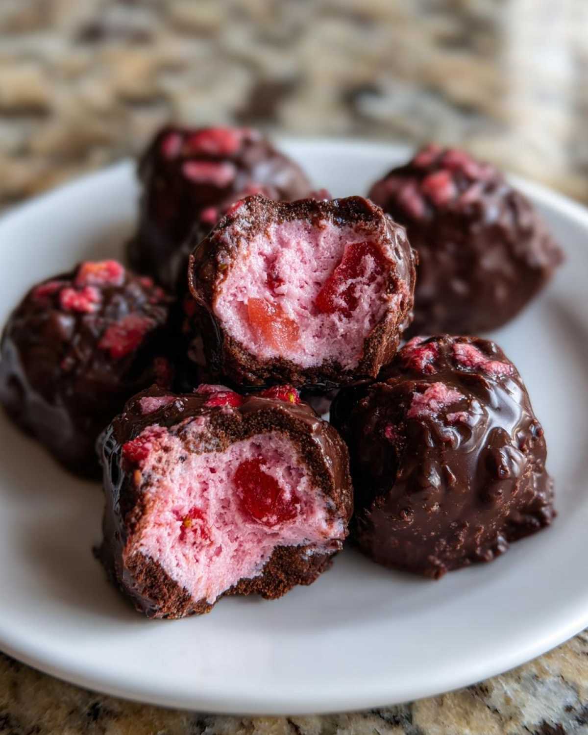 Close-up of No-Bake Chocolate Strawberry Yogurt Clusters, showing the pink strawberry yogurt filling inside a chocolate shell.