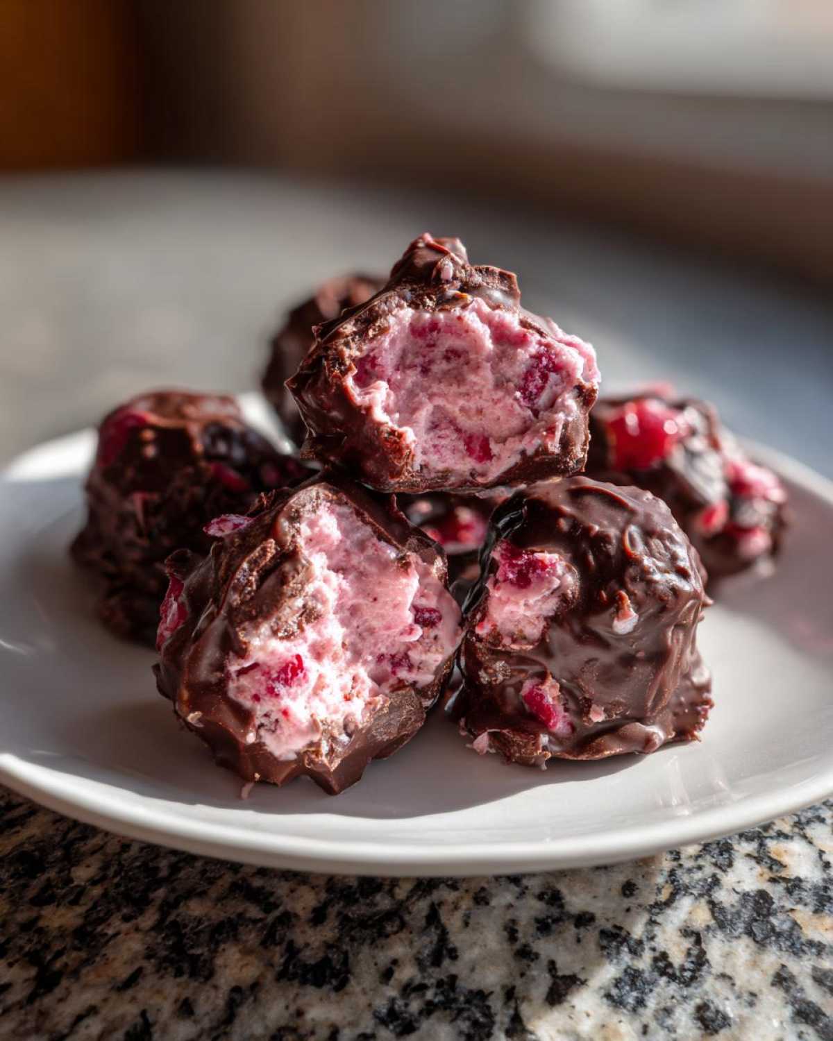 Close-up of No-Bake Chocolate Strawberry Yogurt Clusters stacked on a white plate, showing the pink, berry-filled center.