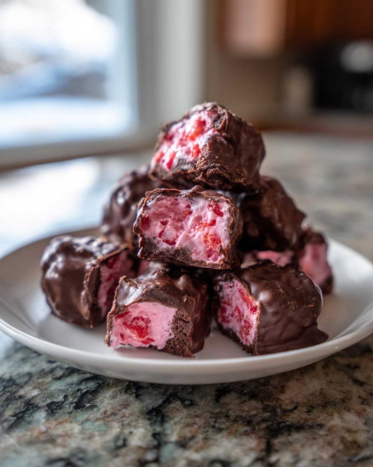 A stack of No-Bake Chocolate Strawberry Yogurt Clusters, showing the pink strawberry yogurt filling inside the dark chocolate coating.