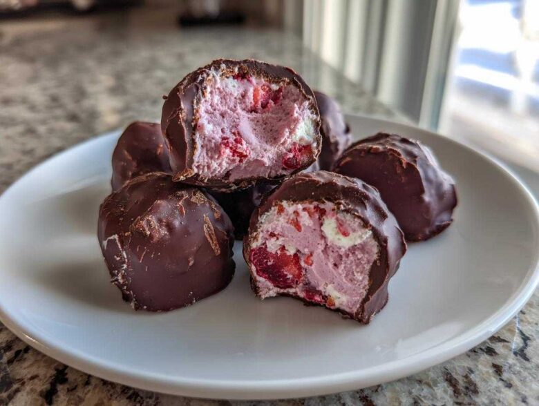 Close-up of No-Bake Chocolate Strawberry Yogurt Clusters on a white plate, showing the pink, strawberry-filled yogurt center.
