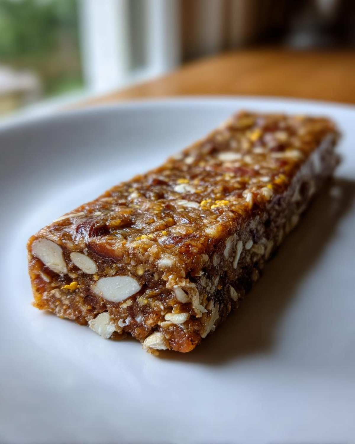 A single, rectangular No-Bake Lemon Almond Date Bar packed with visible almonds and dates, resting on a white plate.