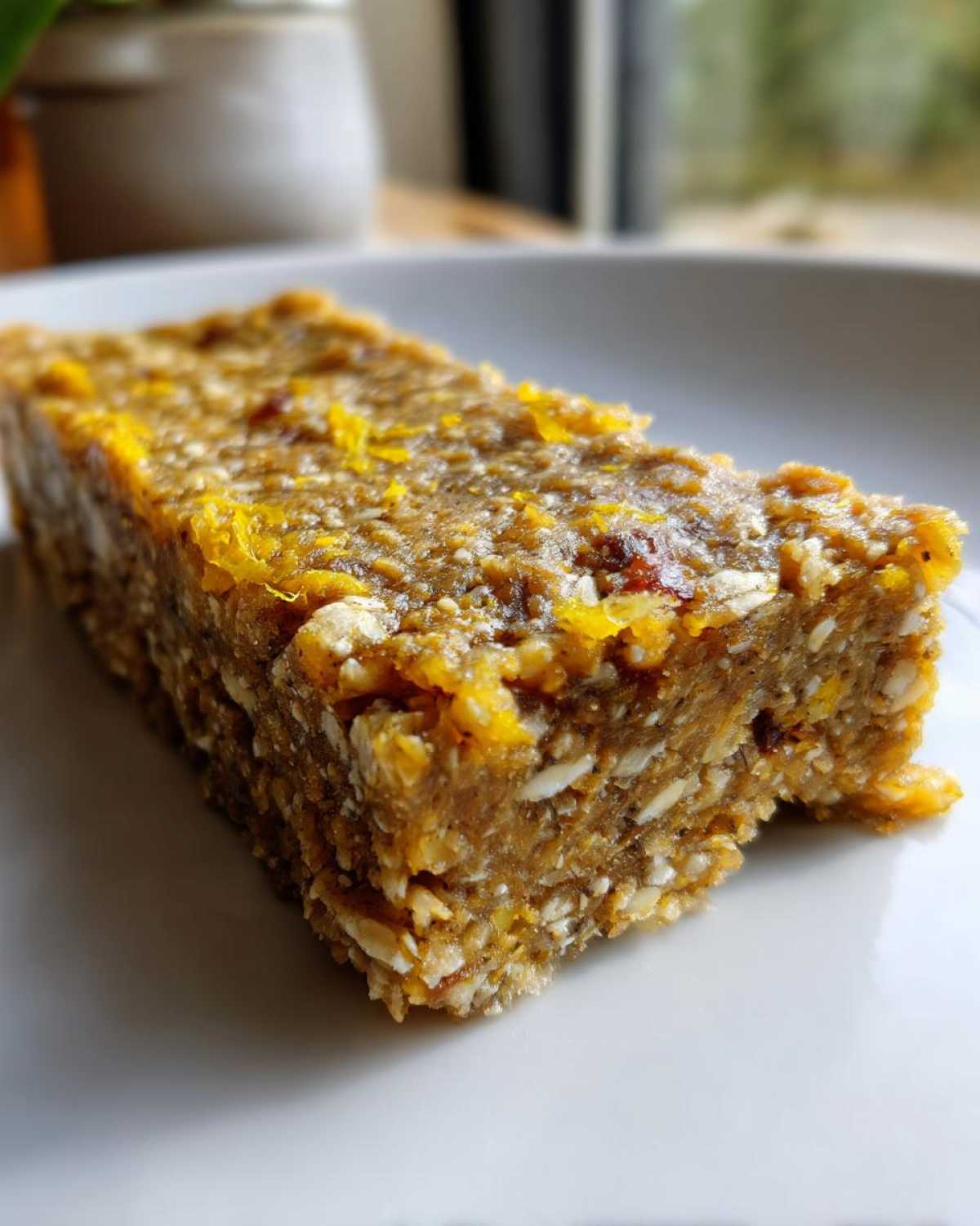 A close-up, macro shot of a single No-Bake Lemon Almond Date Bars resting on a white plate.