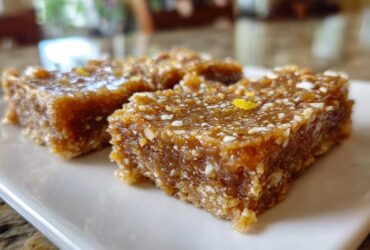 Three squares of dense, chewy No-Bake Lemon Almond Date Bars topped with white almond pieces and lemon zest.