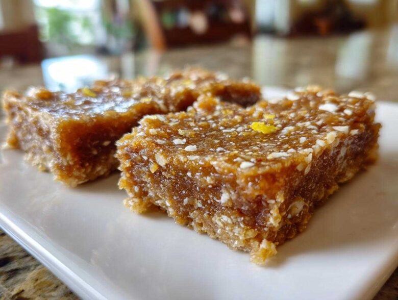 Three squares of dense, chewy No-Bake Lemon Almond Date Bars topped with white almond pieces and lemon zest.