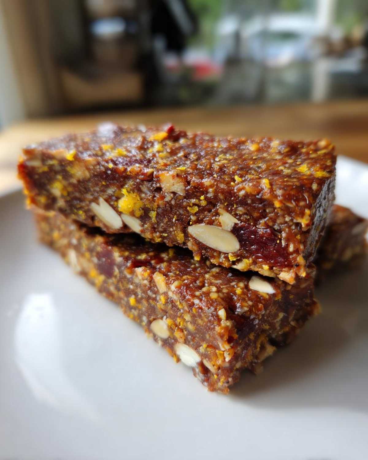 Two stacked No-Bake Lemon Almond Date Bars showing visible slivered almonds and bright yellow lemon zest.