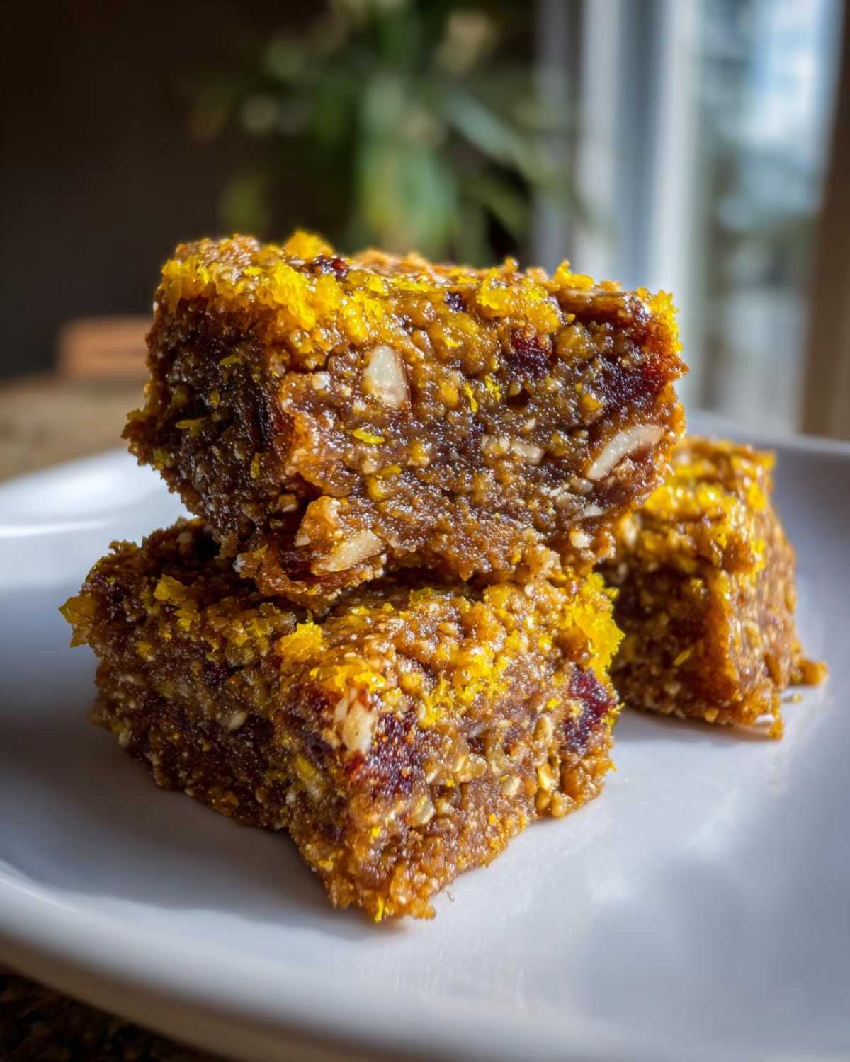 Three squares of dense No-Bake Lemon Almond Date Bars stacked on a white plate, topped with bright yellow zest.