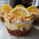 Close-up of No-Bake Lemon Coconut Cheesecake Cups topped with whipped cream, toasted coconut, and a lemon slice.