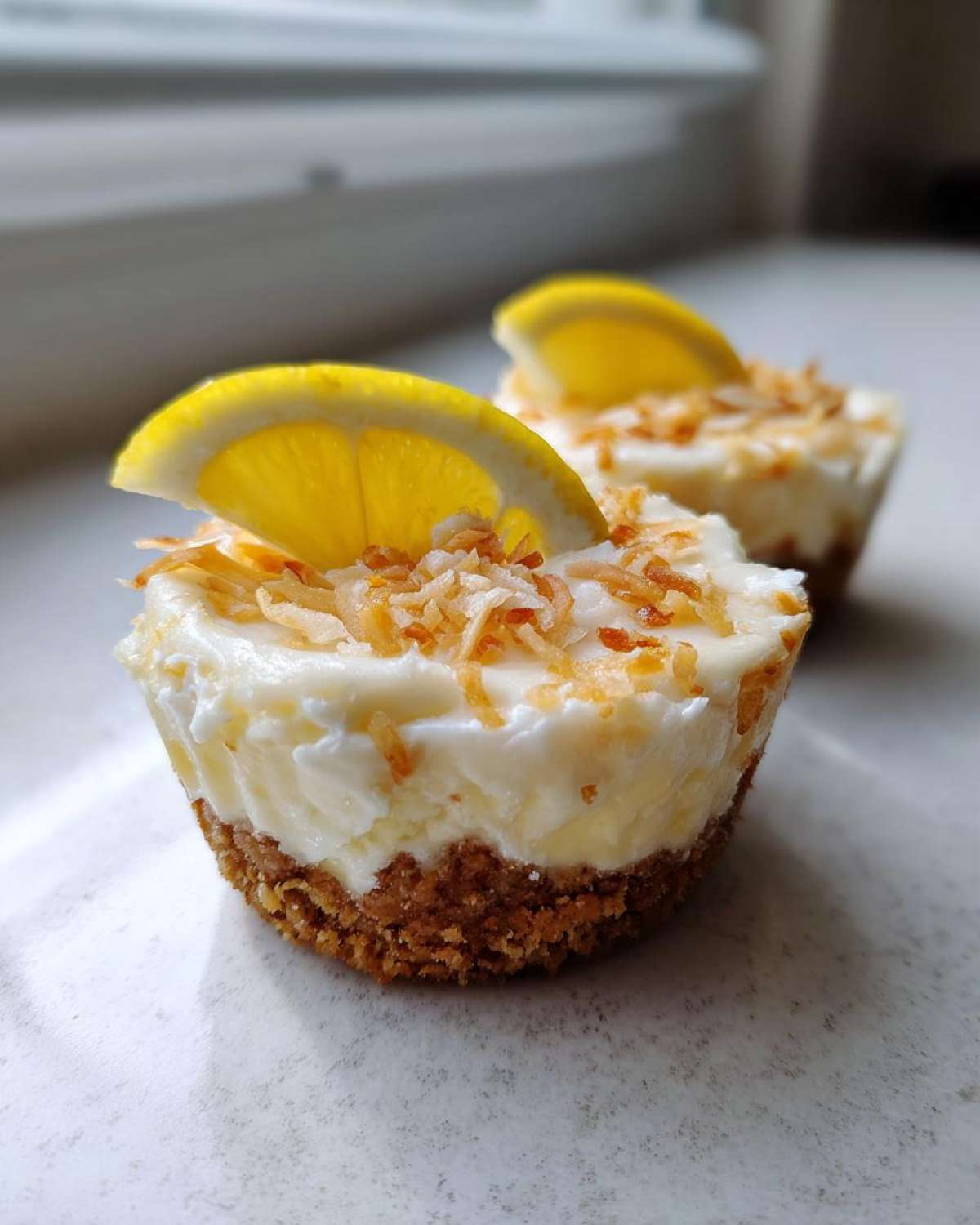 Close-up of a No-Bake Lemon Coconut Cheesecake Cup topped with toasted coconut and a lemon slice.