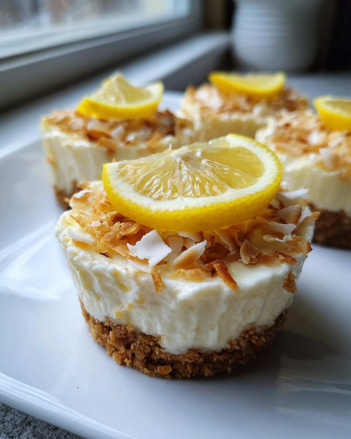 Close-up of a No-Bake Lemon Coconut Cheesecake Cup topped with toasted coconut and a lemon slice.