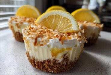 Close-up of No-Bake Lemon Coconut Cheesecake Cups topped with whipped cream, toasted coconut, and a lemon slice.