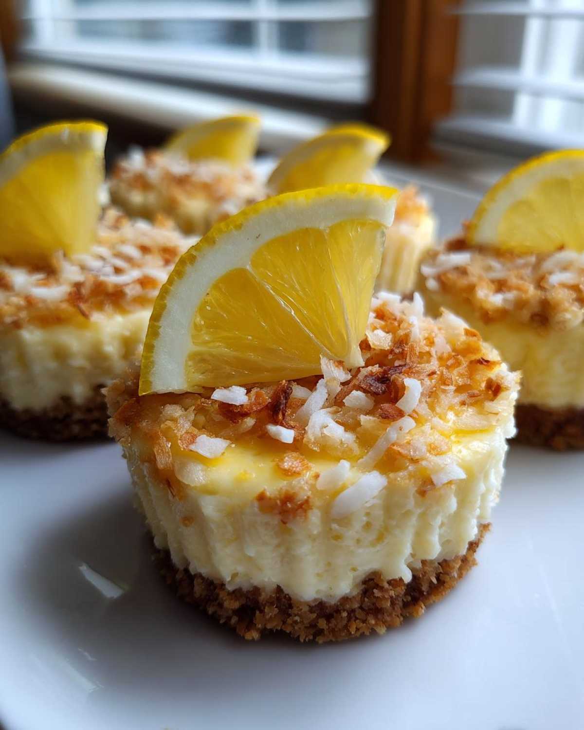 Close-up of a No-Bake Lemon Coconut Cheesecake Cup topped with toasted coconut and a lemon wedge.