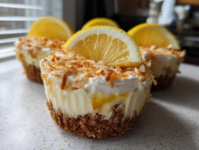 Close-up of No-Bake Lemon Coconut Cheesecake Cups topped with whipped cream, toasted coconut, and a lemon slice.
