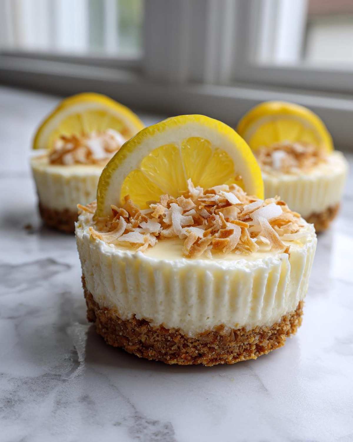 A close-up of one of the No-Bake Lemon Coconut Cheesecake Cups, topped with toasted coconut and a lemon slice.