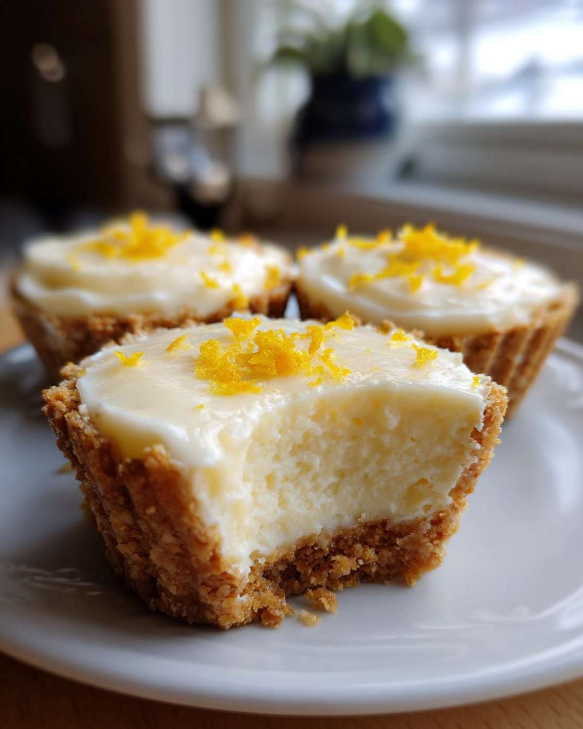 Close-up of a No-Bake Lemon Cream Pie Cup with a bite taken out, showing creamy filling and graham cracker crust.