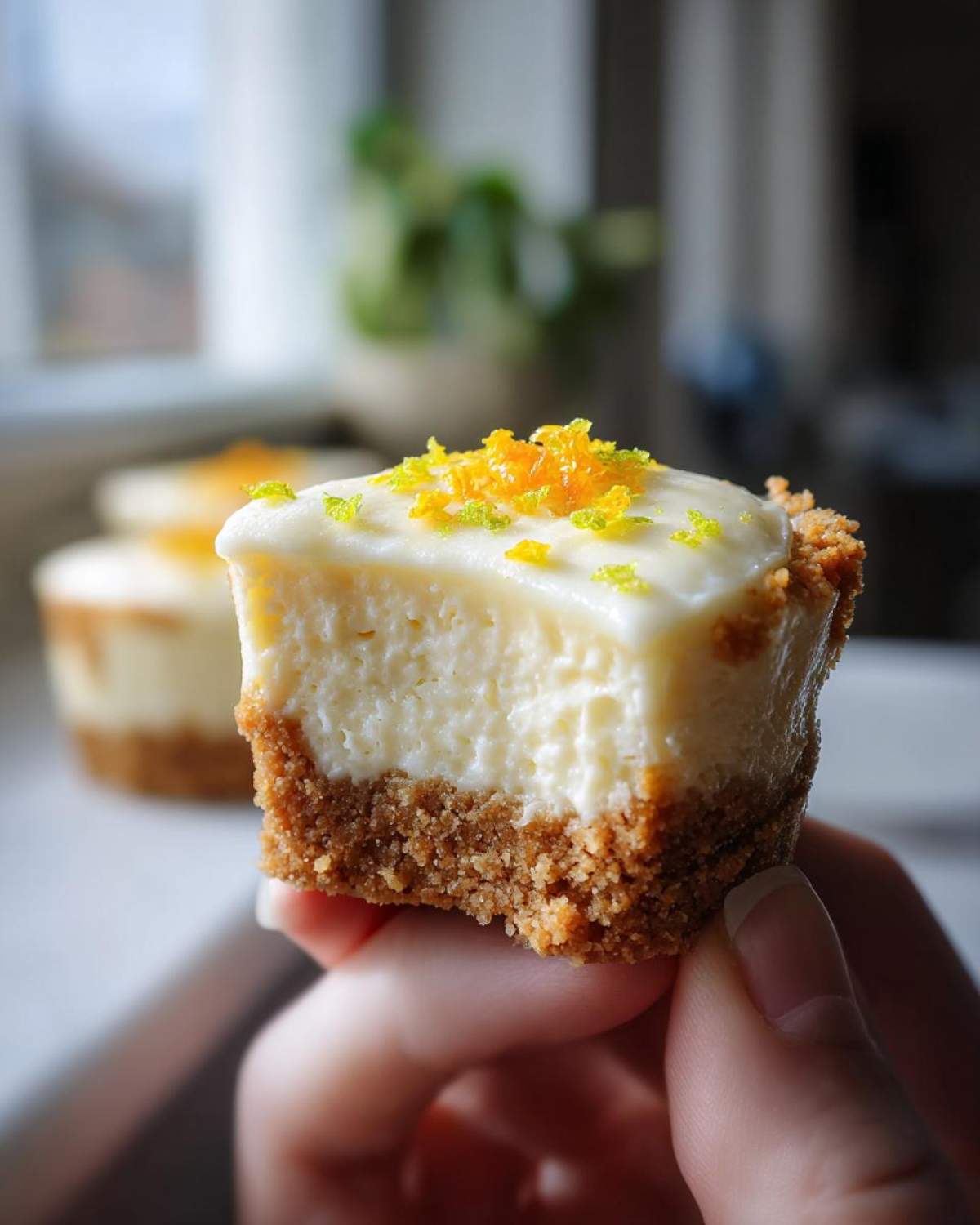 A hand holding a bite-sized No-Bake Lemon Cream Pie Cups with a thick graham cracker crust and creamy filling, topped with zest.