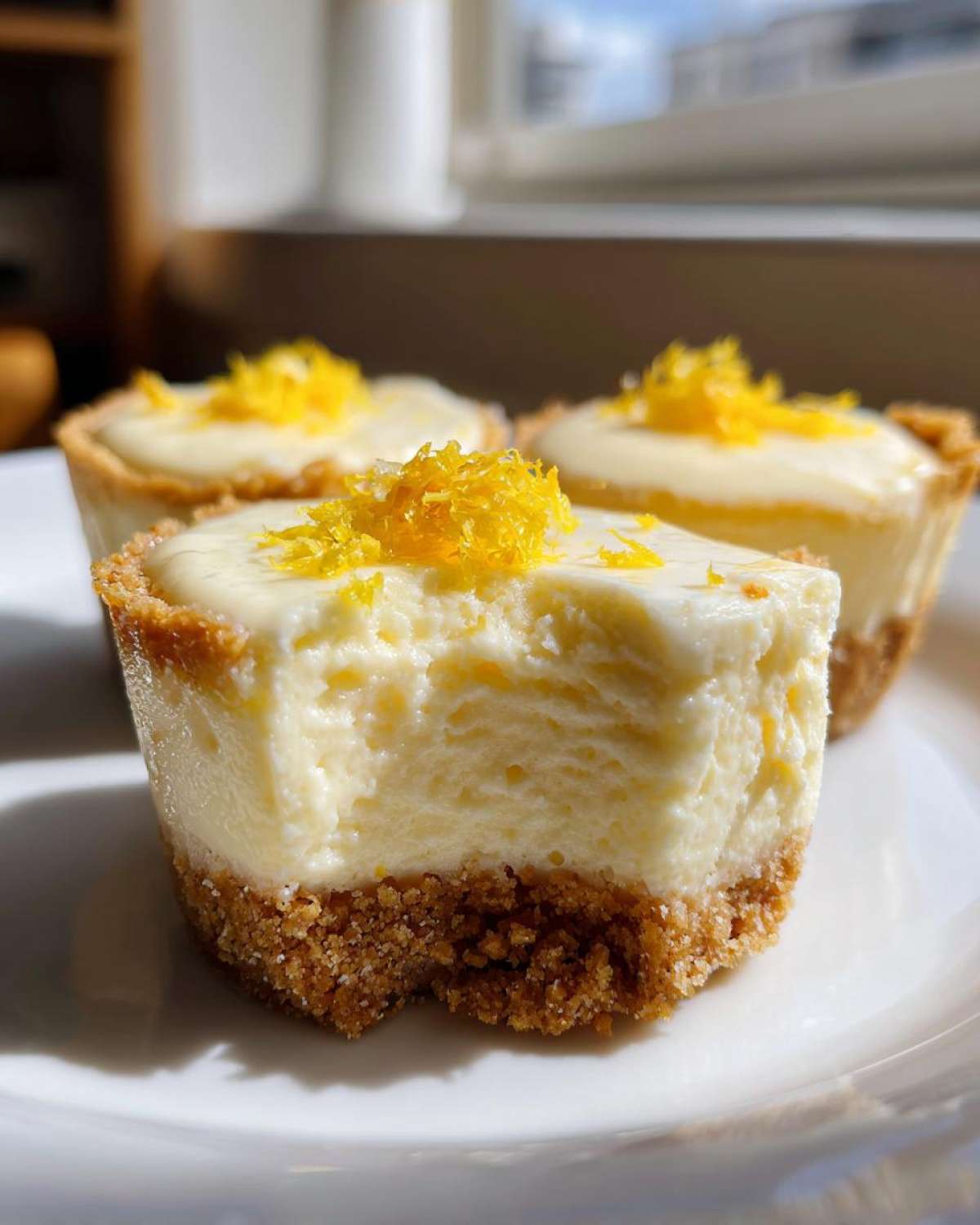 A close-up of a No-Bake Lemon Cream Pie Cup with a bite taken out, showing the creamy filling and graham cracker crust, topped with lemon zest.