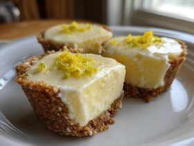 Three No-Bake Lemon Cream Pie Cups on a white plate, featuring a thick graham cracker crust and bright yellow lemon filling topped with zest.