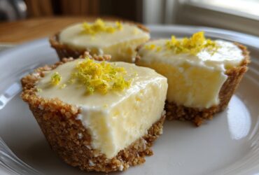 Three No-Bake Lemon Cream Pie Cups on a white plate, featuring a thick graham cracker crust and bright yellow lemon filling topped with zest.
