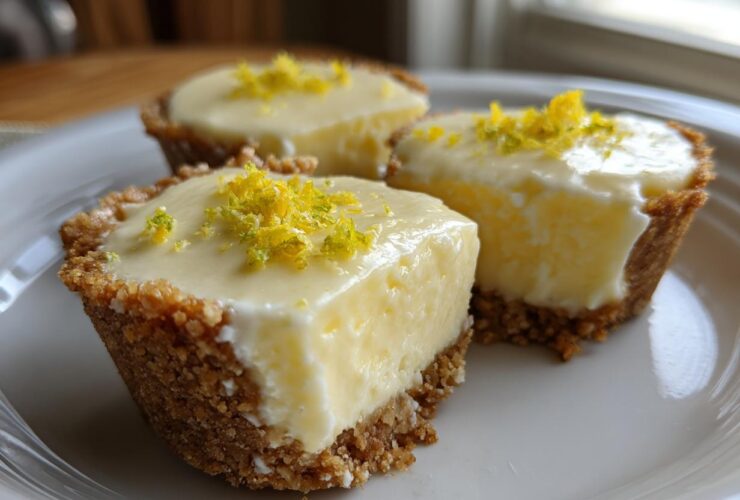 Three No-Bake Lemon Cream Pie Cups on a white plate, featuring a thick graham cracker crust and bright yellow lemon filling topped with zest.