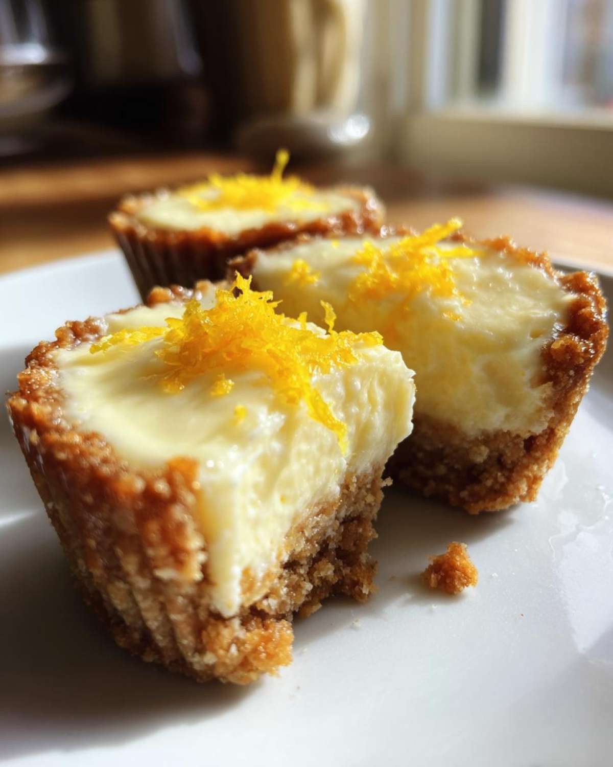 Close-up of three No-Bake Lemon Cream Pie Cups, one with a bite taken out, topped with bright yellow lemon zest.