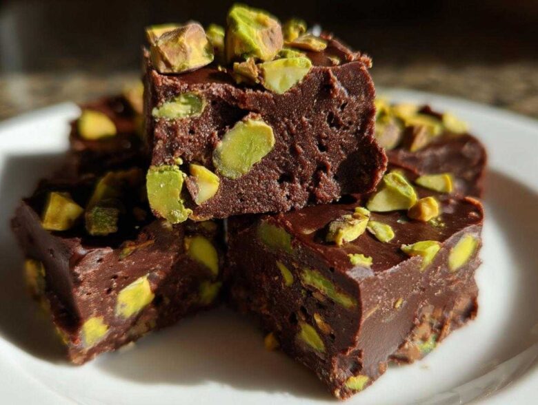 Close-up of rich, dark chocolate No-Bake Pistachio Chocolate Fudge Squares topped with bright green chopped pistachios.