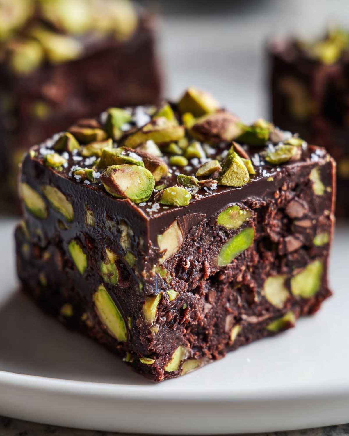 A rich, dark square of No-Bake Pistachio Chocolate Fudge Squares topped with chopped pistachios and sea salt.
