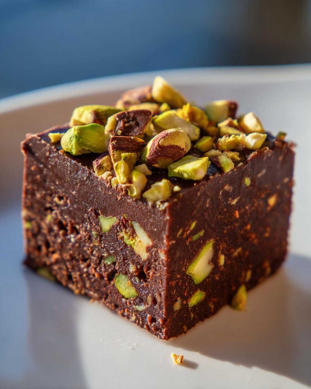 A rich, square piece of No-Bake Pistachio Chocolate Fudge Squares topped with chopped pistachios, sitting on a white plate.