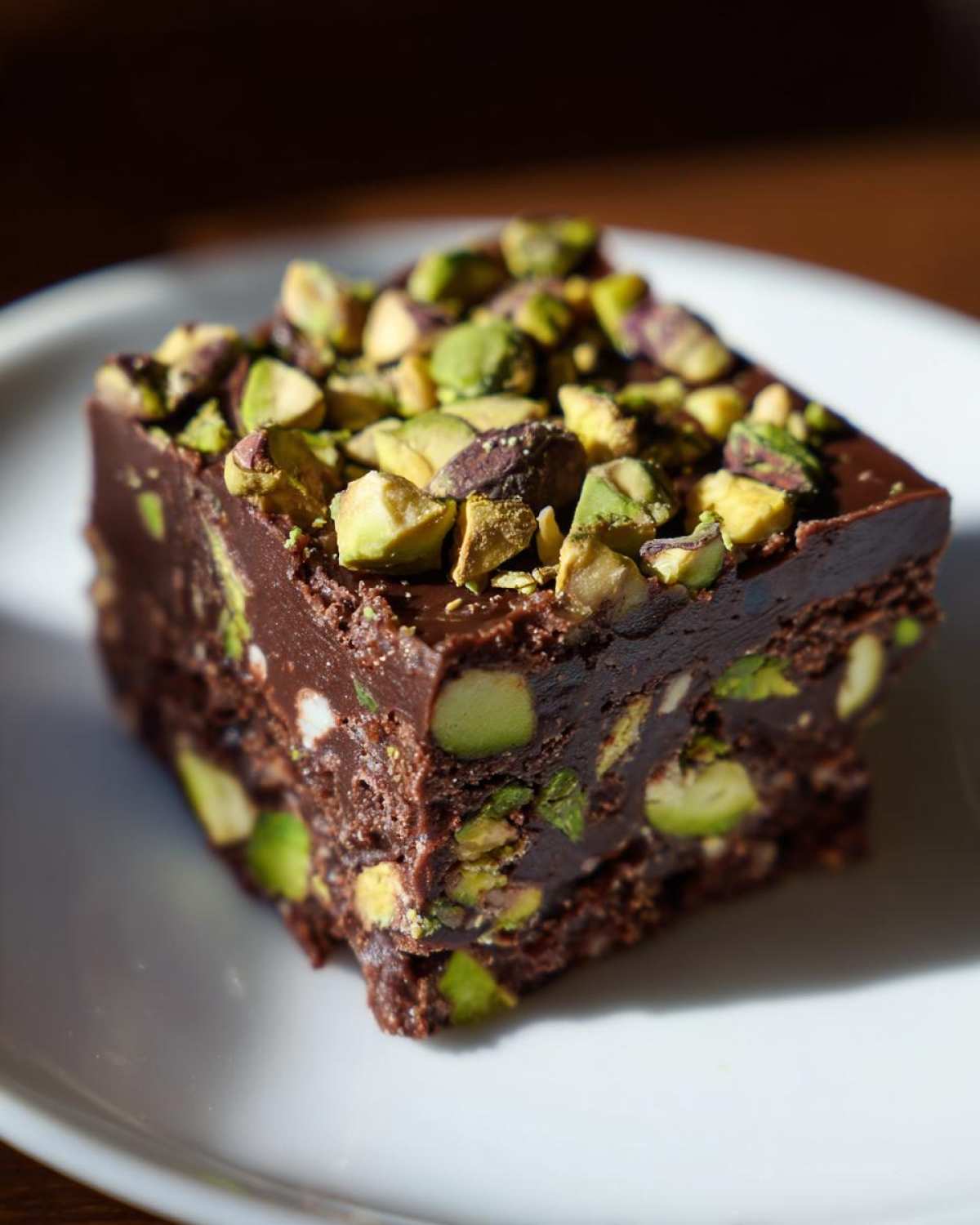 A single square of rich, dark No-Bake Pistachio Chocolate Fudge Squares topped with chopped green pistachios.