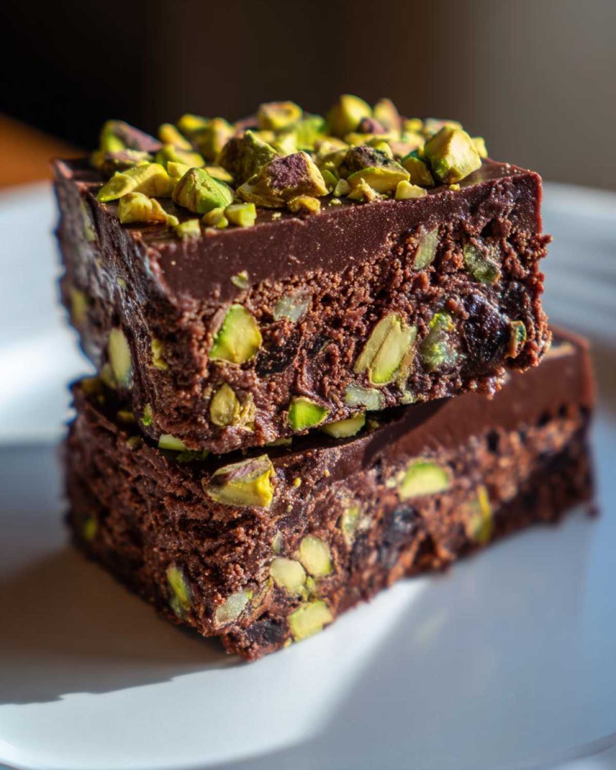 Two stacked No-Bake Pistachio Chocolate Fudge Squares topped with chopped pistachios.