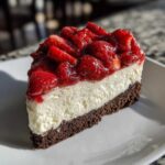 A perfect slice of No-Bake Strawberry Chocolate Cheesecake with a dark chocolate crust and strawberry topping.