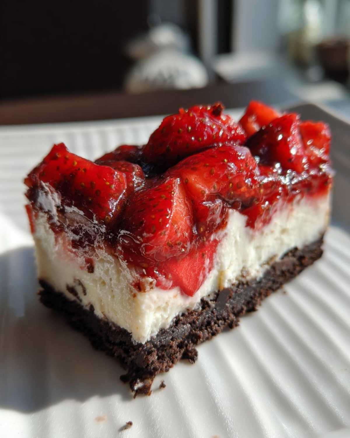 Close-up of a rich No-Bake Strawberry Chocolate Cheesecake slice with a dark crust and glossy strawberry topping.