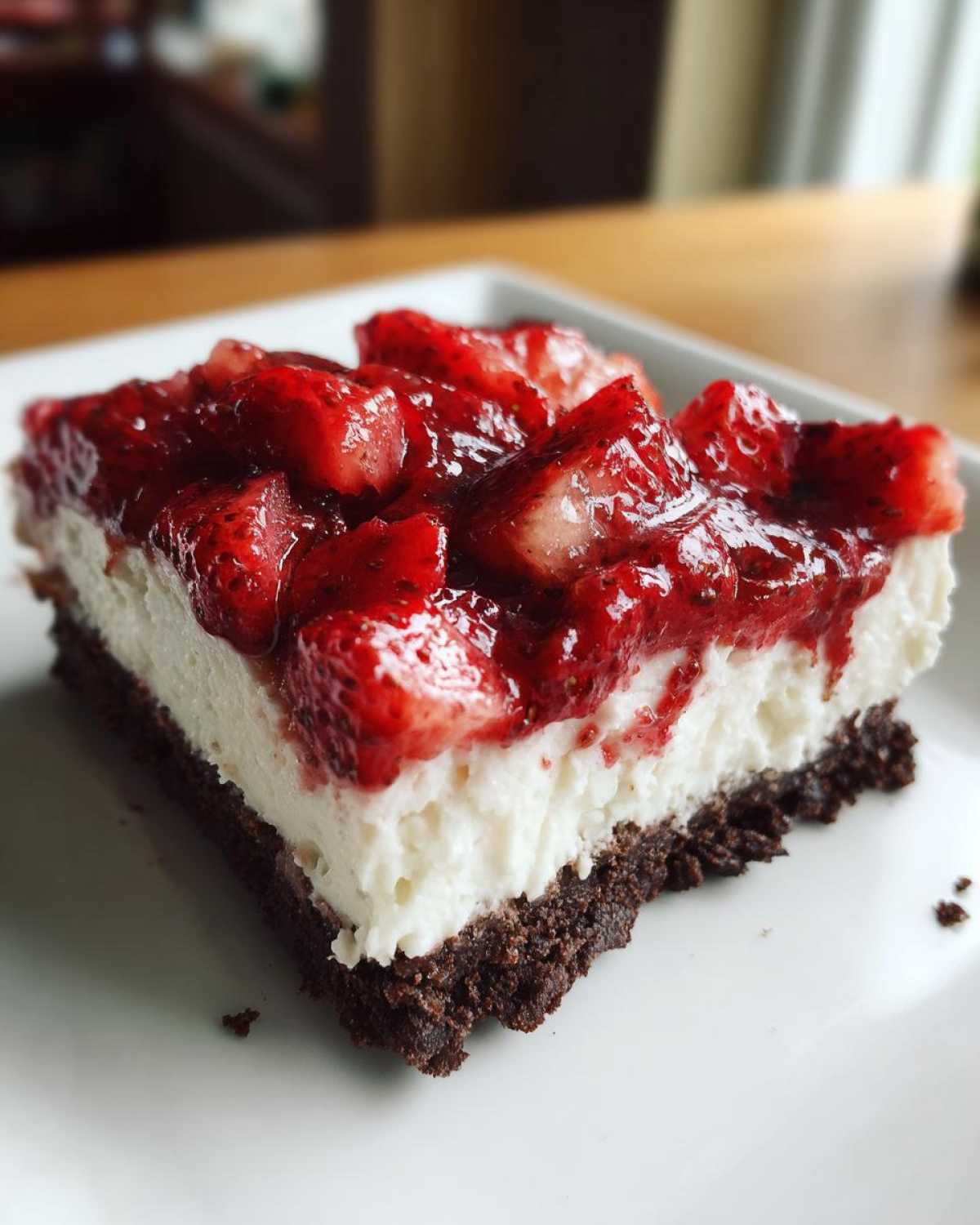A decadent slice of No-Bake Strawberry Chocolate Cheesecake with a dark crust, white filling, and glossy strawberry topping.