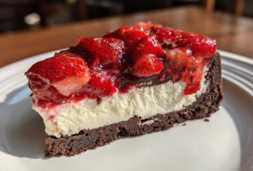 A close-up view of a No-Bake Strawberry Chocolate Cheesecake Slice featuring a dark crust, creamy filling, and glossy strawberry topping.