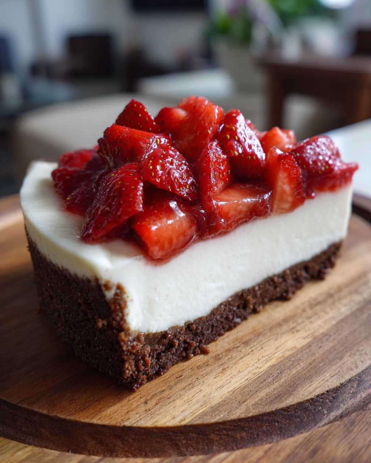 A perfect slice of No-Bake Strawberry Chocolate Cheesecake Slice with a dark crust and fresh strawberry topping.
