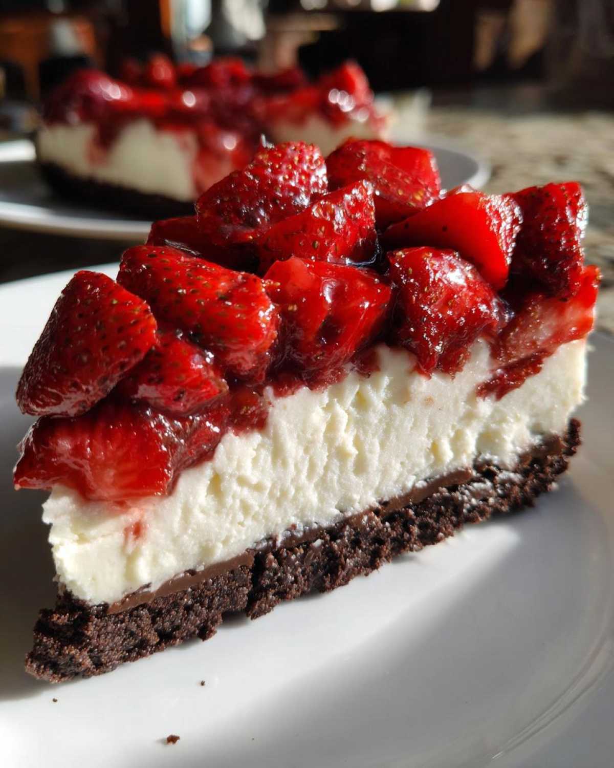 A close-up of a No-Bake Strawberry Chocolate Cheesecake Slice featuring a dark crust, white filling, and glazed strawberries.
