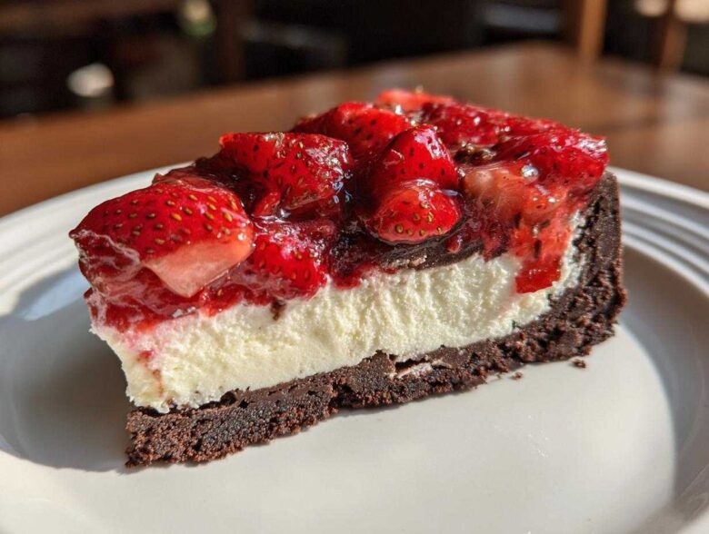 A close-up view of a No-Bake Strawberry Chocolate Cheesecake Slice featuring a dark crust, creamy filling, and glossy strawberry topping.