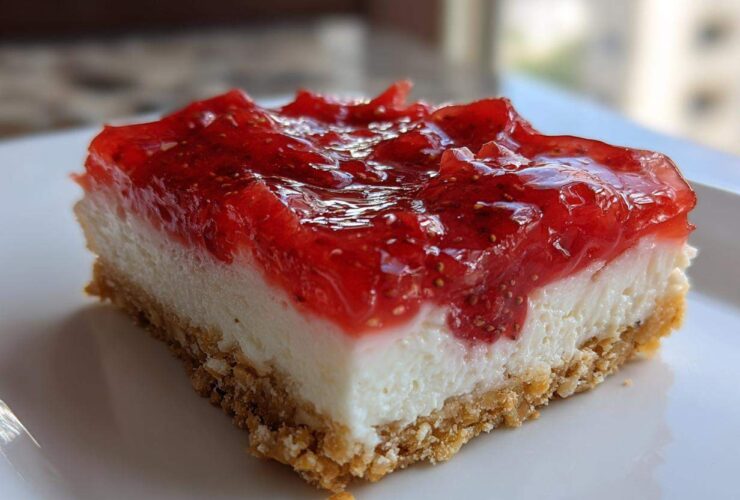 Close-up of a single serving of No-Bake Strawberry Pretzel Dessert Bars showing the pretzel crust, cream cheese layer, and strawberry topping.